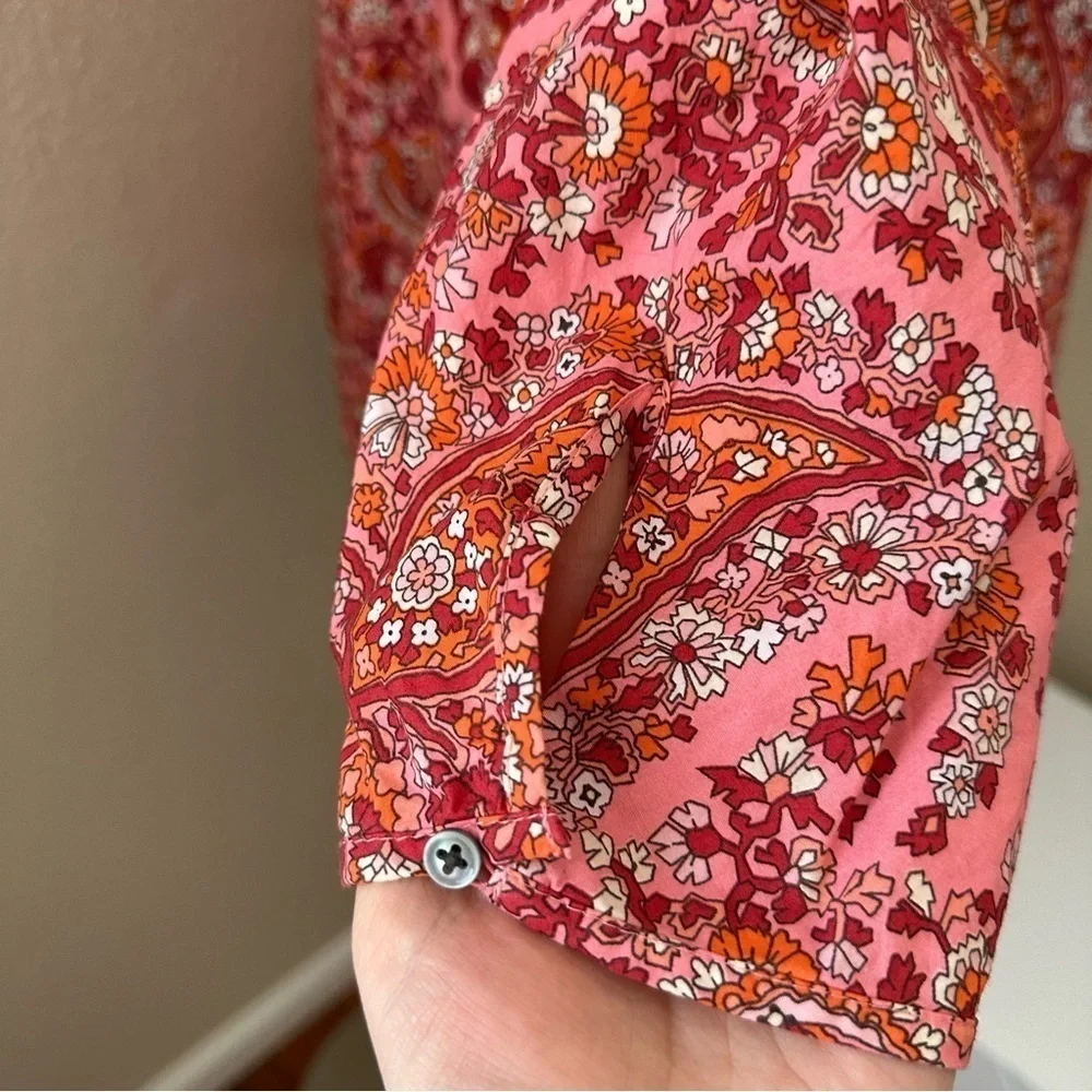 J. Crew Puff-sleeve paisley Ruffle neck Pink Red Boho Blouse Size XL